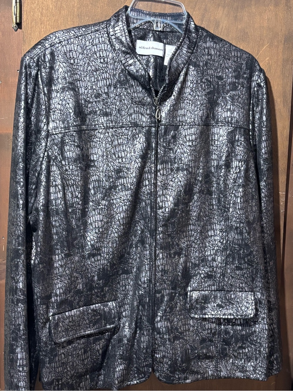 Alfred Dunner Metallic Croc-Embossed Zip Jacket - Black & Silver